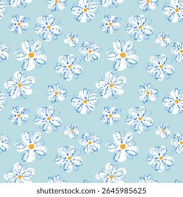 Seamless vector floral pattern with hand drawn white daisies and orange centers on a soft blue background. Playful and fresh design for textiles, kids products, and spring themes