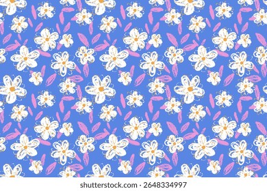 Seamless vector floral pattern with hand drawn flowers and leaves on a blue background. Summer and whimsical design for textiles, wrapping paper, and stationery