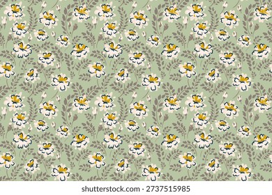 Seamless vector floral pattern with hand drawn white and yellow flowers on a soft green background. Elegant botanical design for fabric, wallpaper, and spring decor
