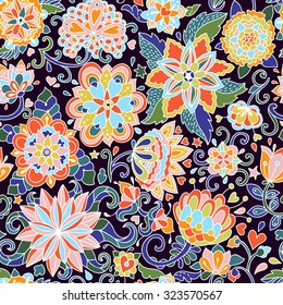 Seamless vector floral pattern. Hand drawn doodle flowers endless background. Can be used for fabrics, wallpapers, greeting and invitation cards, ornamental template for design and decoration. 
