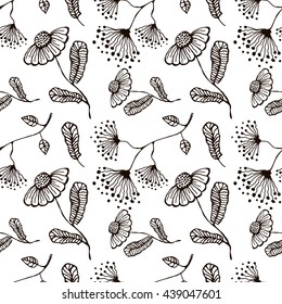 Seamless vector floral pattern. Hand drawn black and white background with flowers and leaves. Inc drawing. Series of hand drawn seamless patterns.