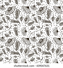 Seamless vector floral pattern. Hand drawn black and white background with flowers and leaves. Inc drawing. Series of hand drawn seamless patterns.