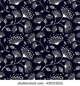 Seamless vector floral pattern. Hand drawn blue background with flowers and leaves.