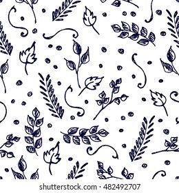 Seamless vector floral pattern. Hand drawn background with flowers, leaves, decorative element. Graphic illustration. 