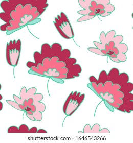 Seamless vector floral pattern. Hand-drawn pink plants isolated on white background. Doodle illustration for wallpaper, cards, wrapping paper, Women's Day, Mother's Day, summer and spring holidays