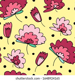 Seamless vector floral pattern. Hand-drawn pink plants on yellow dotted background. Doodle dot illustration for wallpaper, cards, wrapping paper, Women's Day, Mother's Day, summer and spring holidays