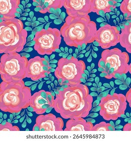 Padrão floral de vetor sem costura com rosas pintadas à mão em tons rosados, complementado por folhas verdes exuberantes em um fundo marinho. Perfeito para tecido, papéis de parede, embalagem, papelaria, branding