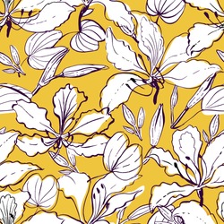 Seamless Vector Floral Pattern Hawaiian Style With Big White Hand Drawn Orchid Tree Flowers, Buds, Leaves On Yellow Background.