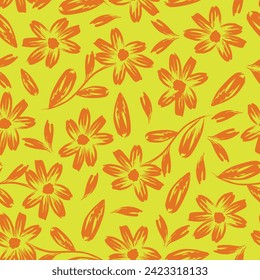 Patrón floral vectorial sin soldadura estilo hawaiano con grandes flores de árbol orquídeas dibujadas a mano blanca, brotes, hojas sobre fondo amarillo