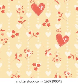 Seamless Vector Floral Pattern with hearts and flowers for decorations, print, textile, fabric, stationery
