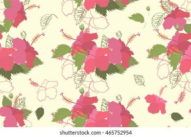 Seamless vector floral pattern with hibiscus flowers in the flat and a sketch style. Outline style vector illustration.