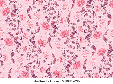 Seamless vector floral pattern with Humulus lupulus - Humulus, hop ivy plant with flowers on pink background