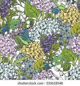 Seamless vector floral pattern, hydrangea flowers, lilies of the valley,  vintage wallpaper, gentle background, hyacinth flower, retro