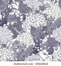 Seamless vector floral pattern, hydrangea flowers, lilies of the valley, lilac, vintage wallpaper, gentle background, hyacinth flower, monochrome black and white pattern
