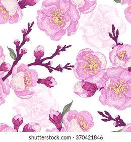 Seamless vector floral pattern. Illustration sakura in Victorian style. Vintage luxury decoration. Series flower design in unique technique. Branch of tree on white background.