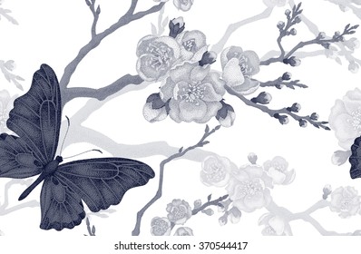 Seamless vector floral pattern. Illustration sakura branch Victorian style. Vintage luxury decoration sakura branch. Series flower design in unique technique. Sakura and butterfly on white background.