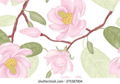 Seamless vector floral pattern. Illustration Victorian style. Vintage luxury decoration magnolia. Series floral design unique technique. Magnolia tree branch with flowers on white background.
