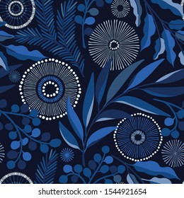 Seamless vector floral pattern. Indigo winter background