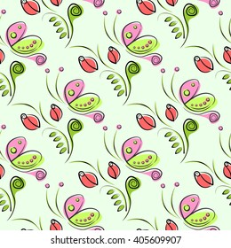Seamless vector floral pattern with insect. Decorative ornamental background with butterflies, roses, leaves and decorative elements. 