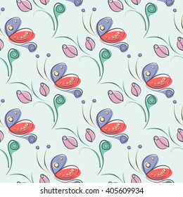 Seamless vector floral pattern with insect. Decorative ornamental background with butterflies, roses, leaves and decorative elements