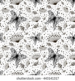 Seamless vector floral pattern with insect. Cute hand drawn black and white background with flowers, butterfly and dots. Inc painting. Series of Hand Drawn Seamless Patterns. 