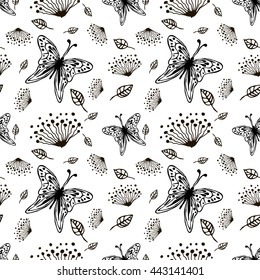 Seamless vector floral pattern with insect. Cute hand drawn black and white background with flowers and butterfly. Inc painting. Series of Hand Drawn Seamless Patterns. 