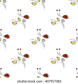 Seamless vector floral pattern with insects. Cute background with drawn ladybugs and roses on the white backdrop. Series of Summer and Insects Seamless Patterns.