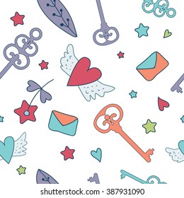 Seamless vector floral pattern isolated on white cute keys, letters, hearts, cakes , stars and flower. Fairytale design for your love card, invitation, children or wedding DIY. Dream. Fantasy.Magic.