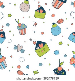 Seamless vector floral pattern isolated on white cute keys, letters, hearts, cakes , stars and flower. Fairytale design for your love card, invitation, children or wedding DIY. Dream. Fantasy.Magic.