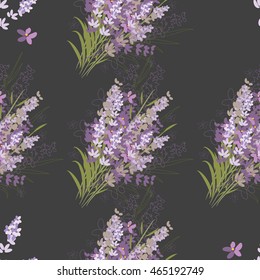 Seamless vector floral pattern with lavender flowers in the flat and a sketch style. Outline style vector illustration.