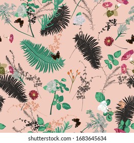Diseño floral vectorial sin inconvenientes con hojas, flores.