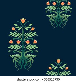 A seamless vector floral pattern, with leaves, flowers and roots, on the dark background.