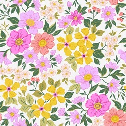 Seamless Vector Floral Pattern. Liberty Background Of Bright Colorful Realistic Flowers. Print With Bouquets Of Flowers From The Garden. Bright Yellow And Pink Flowers On A White Background.