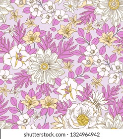 Seamless vector floral pattern. Liberty style print made of small pink flowers, leaves and berries. Summer and spring motifs. White background. Vintage illustration.