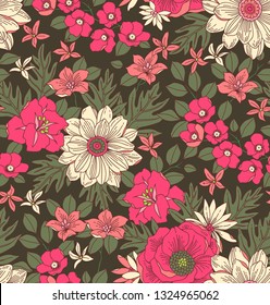 Seamless vector floral pattern. Liberty style print made of small pink and white flowers, leaves and berries. Summer and spring motifs. Gray background. Vintage illustration.