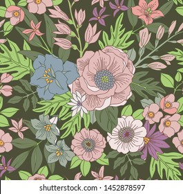 Seamless vector floral pattern. Liberty style print made of small pink and light blue flowers, leaves and berries. Summer and spring motifs. Gray background. Vintage illustration.