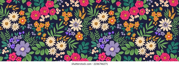 Seamless vector floral pattern. Liberty background of bright colorful realistic flowers. Banner with bouquets of flowers from the garden. Bright flowers on a dark blue background.