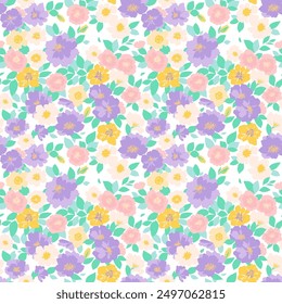 Seamless vector floral pattern. Liberty background of pastel pale colorful abstract flowers. Print with garden flowers. Light lilac, yellow and pink flowers on a white background.