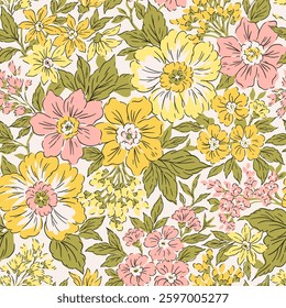 Seamless vector floral pattern. Liberty background of bright colorful realistic flowers. Print with bouquets of flowers from the garden. Bright yellow and pink flowers on a white background.