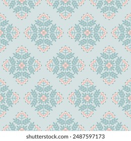 
Seamless vector floral pattern in light pastel colors. Light pink berries and blue-gray leaves. Vector pattern of rhombuses.