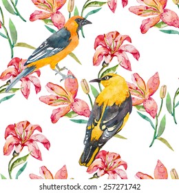 Seamless vector floral pattern. lilies flowers. Seamless pattern of birds and plants