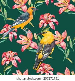 Seamless vector floral pattern. lilies flowers. Seamless pattern of birds and plants