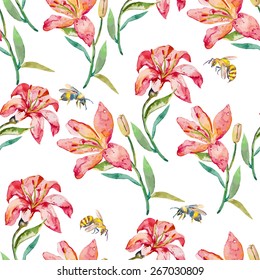 Seamless vector floral pattern. lilies flowers and bee.