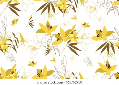 Seamless vector floral pattern with lily flowers in the flat and a sketch style. Outline style vector illustration.