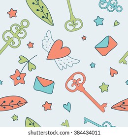 Seamless vector floral pattern. Love illustration of cute keys, letters and flowers.Fairytale princess design for your love card, invitation, children or wedding DIY
