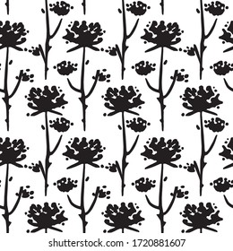 Seamless vector floral pattern made of hand drawn flowers. Black silhouettes of a sketchy plants on white background