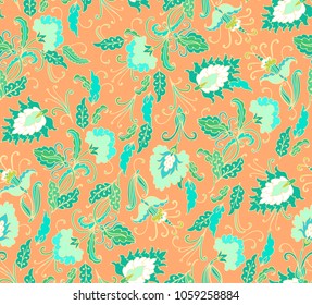 Seamless vector floral pattern with mint green and turquoise flowers, indian style, on orange background