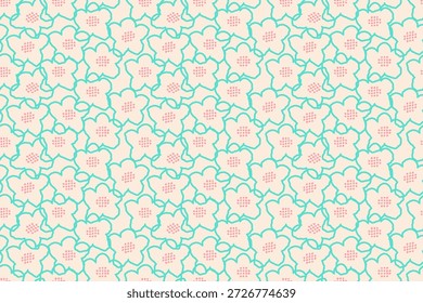 Padrão floral de vetor sem costura com contornos verde-hortelã e centros de flor rosa macio em um fundo bege. Design botânico mínimo moderno para têxteis, embalagens e deco
