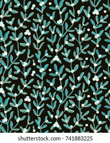 Seamless vector floral pattern with mistletoe plant on dark background