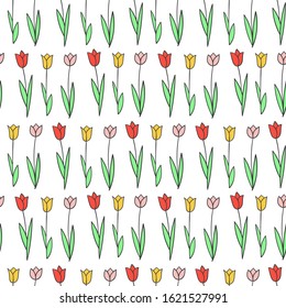 Seamless vector floral pattern monochrome. Flat hand-drawn contours of tulips on a white background.